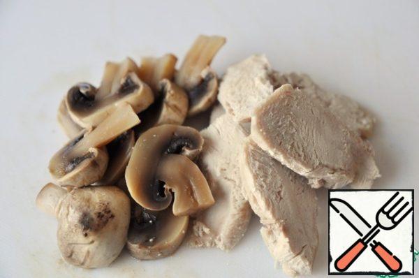 I recommend that you boil the chicken and mushrooms (cook together) and cut into plates.
