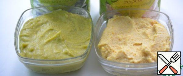 Boil green and yellow peas separately in salted water until tender. Whisk it with a blender in a puree.