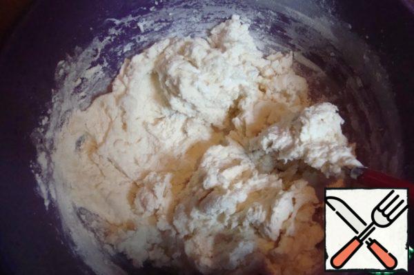 For the dough, mix 100 grams of cottage cheese, 2 eggs and white (leave the yolk for the coating of cheese cakes), sugar, a pinch of salt, vegetable oil, vanillin, baking powder (or 1 incomplete teaspoon of baking soda).