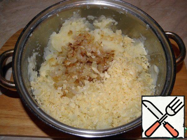 Add cheese, onion and finely grated garlic. (or garlic)

