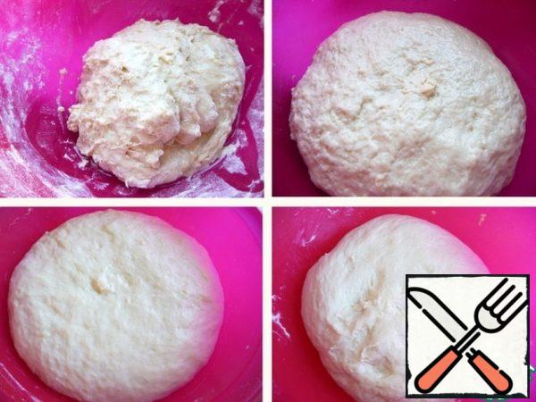 Pour vegetable oil.
Knead the dough thoroughly.
Close a bowl a lid or towel, put in warm place on 1.5 - 2 hours. The dough should double.
After a specified time, beat the dough and leave for another 30 minutes.