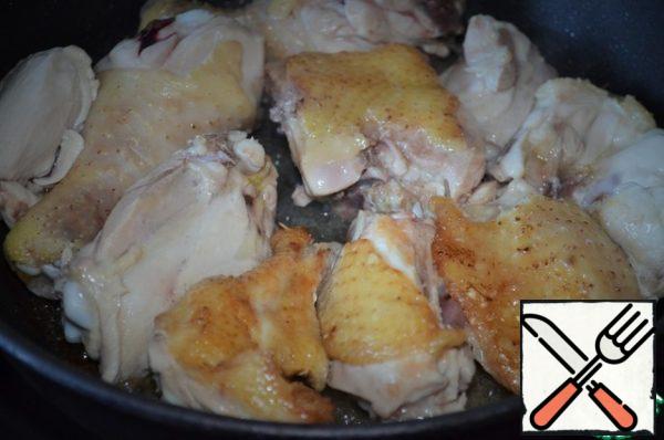 In vegetable oil fry the chicken pieces until Golden brown, minutes 7-10 on each side.