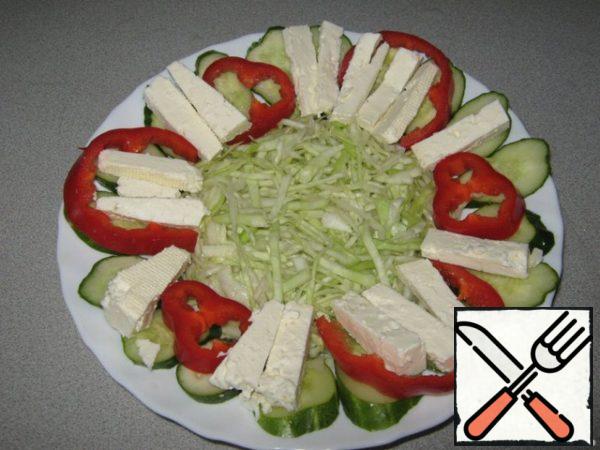 And put it on top of cucumbers and pepper.
