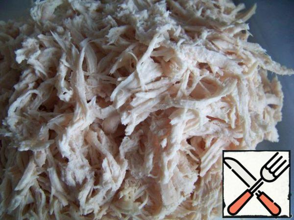 Disassemble the chicken fillet into fibers (or just cut it as you like).
