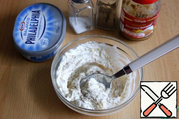 Dressing: mix cottage cheese, mustard, season with salt and pepper to taste.