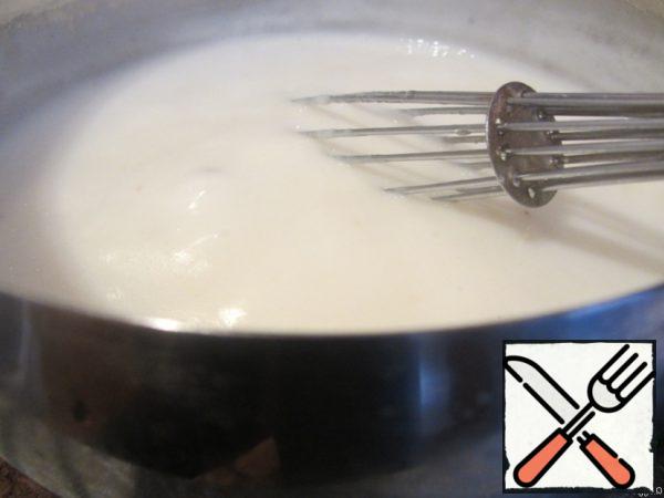 Bring to a boil, cook a little, stirring constantly, until thick. Remove from heat, add the melted butter and mix well.