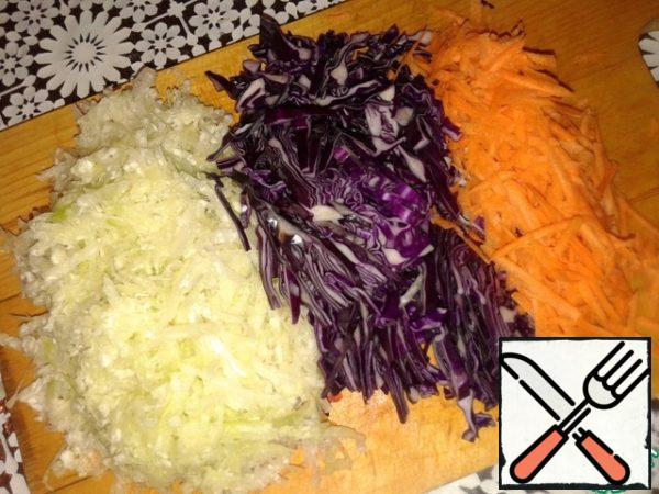 Grate radishes and carrots on a coarse grater, cut red cabbage.
