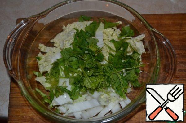 Lettuce wash, dry, cut into large pieces. I have a mixture of Chinese salad and some arugula.