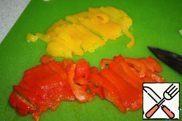 Bake peppers, peel and cut into strips.