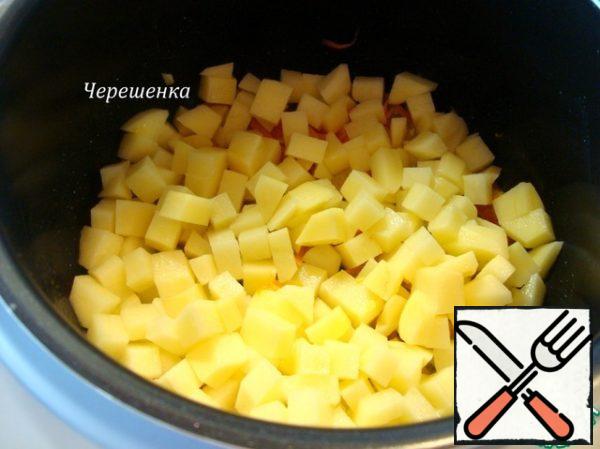 Add potatoes and 300 ml of water to the bowl of the slow cooker. Turn on the "Extinguishing" mode for 30 minutes.
