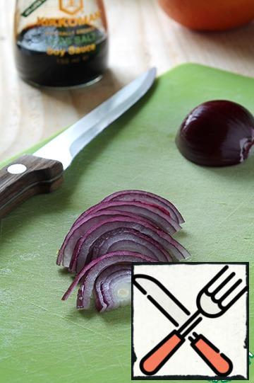 Onions cut into thin half rings. I'm not a big fan of raw onions, so I prefer to scald it for salads. I'll leave that to you.