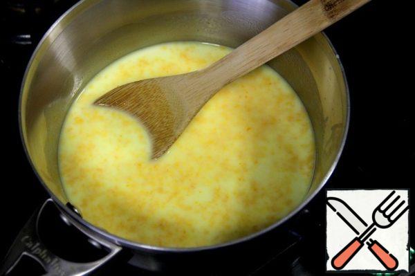 Pour milk into a saucepan, add butter, orange zest, vanilla and sugar and heat until completely dissolved, but do not bring to a boil. Remove from the heat.
