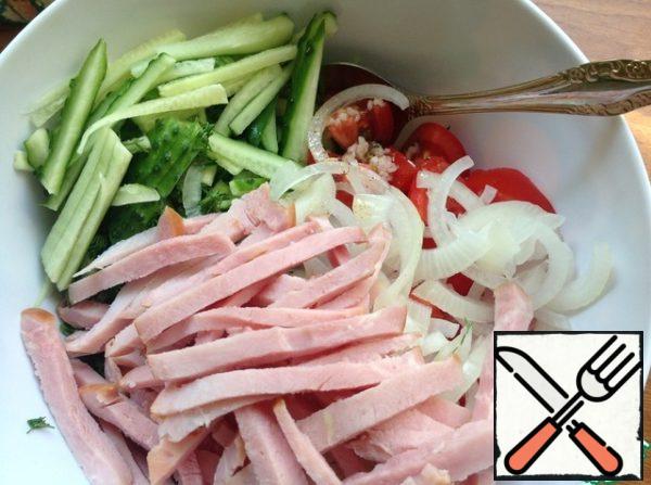 Ham cut into strips.