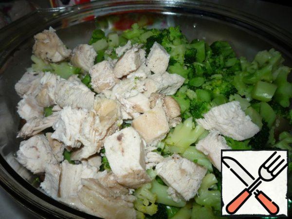 Cut the chicken into cubes (1.5 x 1.5 cm) and put to the rest of the products.