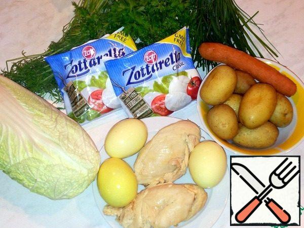 Ingredients - potatoes, chicken, carrots, mozzarella, chicken egg, Peking cabbage, fresh herbs.
