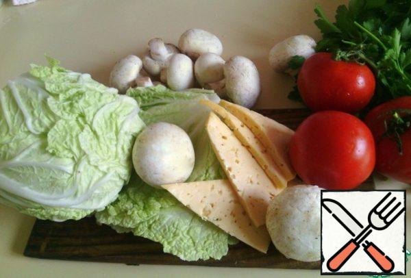 Wash vegetables, herbs and mushrooms, cut cheese.
