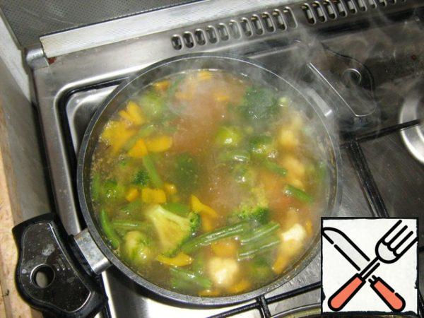 In boiling water, first lay the beans, Brussels sprouts and cauliflower. Give to boil for 3 minutes, and add the rest of the products, including seasonings, except Basil. Broth to taste, and curry paste no more than one teaspoon. Another 5-7 minutes, and the soup is ready. Before turning off the stove, add Basil.
