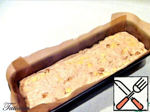 Form 30*11*7 =1.5 liters (inside non-stick coating, Teflon mat or grease). Remove the form with the dough (do not cover) in a warm place (put it in the refrigerator) for another 45-60 minutes.
