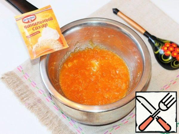 Boil water in a large pot, set a heat-resistant bowl on the pan. Put in a bowl of dried apricot puree, add sugar, vanilla sugar, butter, juice (1 tablespoon) and crushed orange zest (2 tsp or lemon). Cook, stirring, until sugar is completely dissolved.