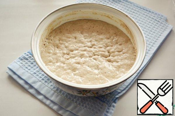 Leave the resulting sourdough in a warm place for 2-3 hours so that it increases in volume by 3 times.
