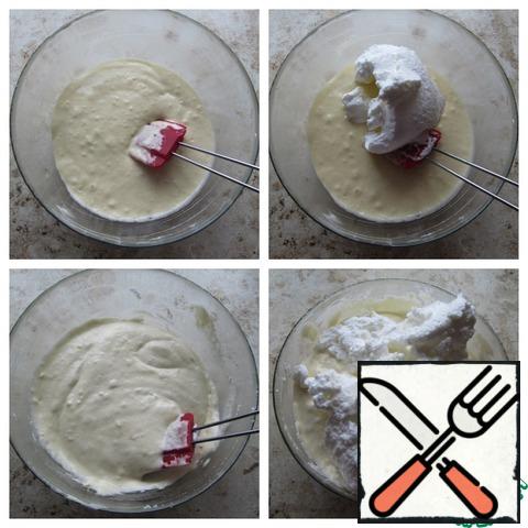 In a few steps, mix the whipped whites of the yolk-flour mixture by the method of "top-down", "from the edges-to the center."