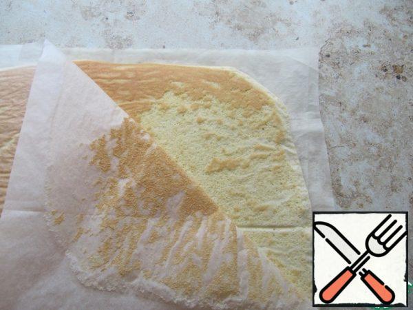 Slightly cooled sponge cover with a clean sheet of baking paper, a quick movement to turn, gently separate the paper.