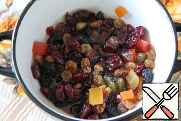 Soak candied fruits and raisins in rum or cognac (preferably the day before).

