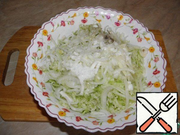 Add radishes and onions to the cabbage, add salt, sugar, pepper, vinegar. Season with oil.
