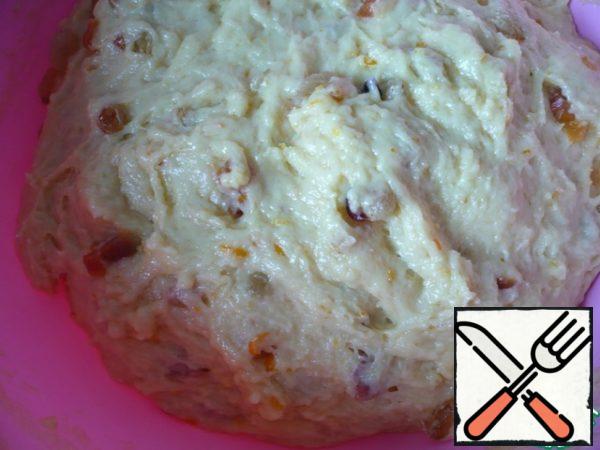 Press the dough down well so that the raisins, cranberries and apricots are well distributed in it. Cover with cling film and put in a warm place so that it comes up again, for about 30 minutes.

