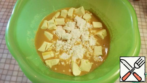 Add softened butter, ricotta and cottage cheese. Mix well.
