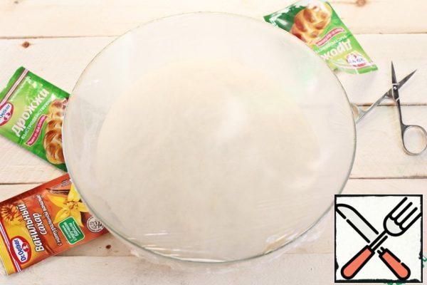 Tighten the container with the dough with cling film or cover and leave for proofing in a warm place for 1.5–2 hours. Its volume will increase 1.5 - 2 times in the allotted time.
