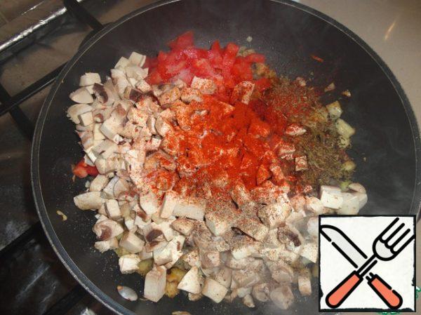 Add tomatoes, mushrooms, salt, pepper, paprika, Basil and mint, simmer for 5 minutes.