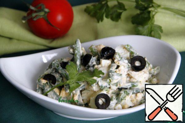 Gently mix the dressing with the salad ingredients.
Additions to the salad can vary depending on taste and season - a couple of olives, or slices of cheese, or cherry tomatoes
