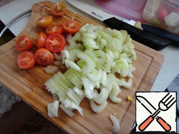 Celery - thin slices.
