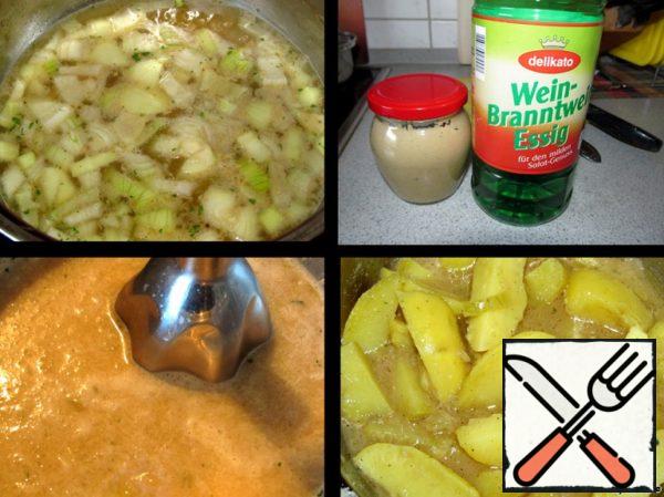 At the same time, you can prepare salad dressing:
peel the onion, finely chop, pour in the broth, bring to a boil and cook for 5 minutes.
Then add mustard, vinegar, salt to taste and more black pepper.
Beat the puree with a blender. Add vegetable oil and mix.
Immerse the prepared potatoes in the hot dressing and leave for an hour. Periodically, during this time, gently stir the potatoes.