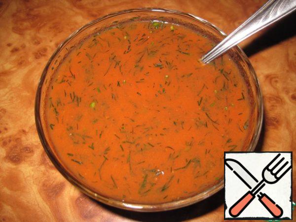 Tomato paste dilute with water, add finely chopped dill.
I used homemade tomato sauce.