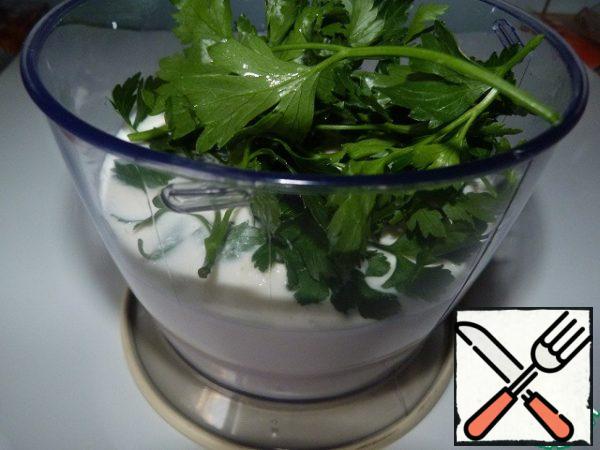Mix mozzarella with herbs. I have parsley. "Mixed" in a blender.