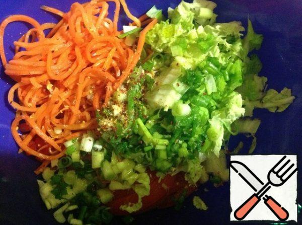 Add carrot, salt, pepper, oil .
