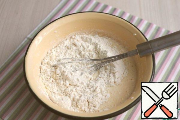 Then add flour (250 gr.). Whisk the mixture with a whisk and you can start baking pancakes.
