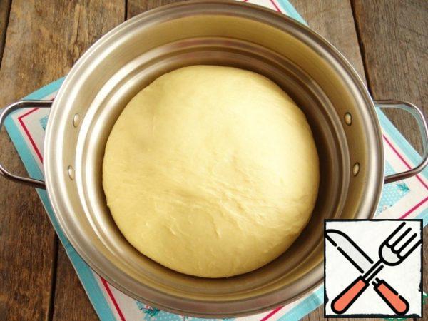 When the dough increases in volume by 2-3 times, knead it and put it on the desktop.

