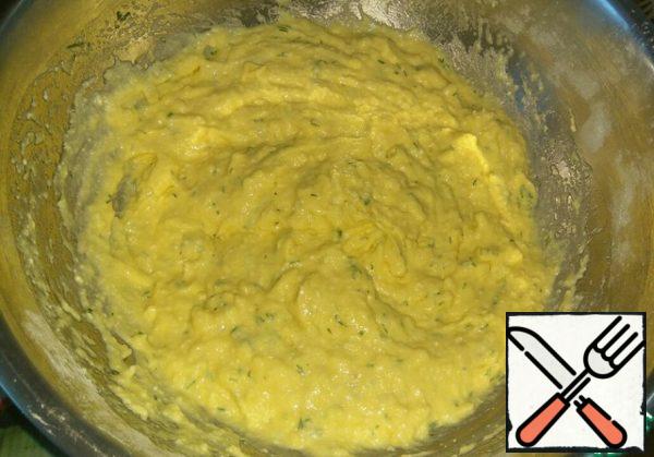 Combine the liquid mixture with the dry one, add dill greens. You can also add crushed garlic. Mix it.