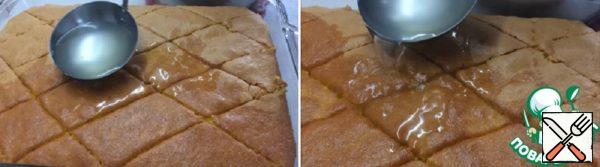 Pour warm syrup over the pie in 2-3 doses as soon as you take it out of the oven.
