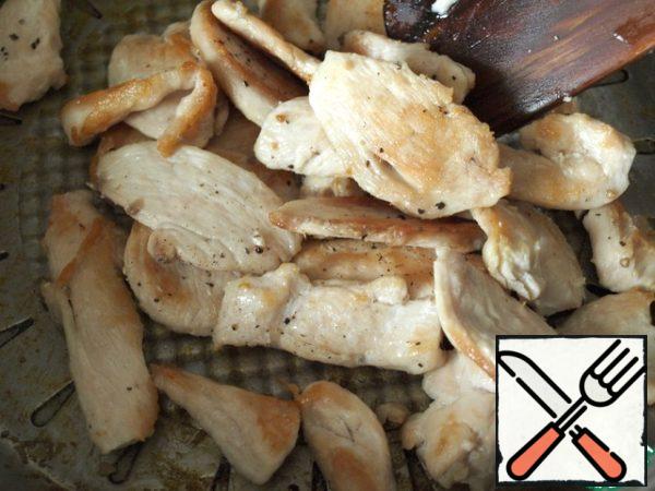 Cut the chicken in the same way as for chops, only cut into smaller pieces.
Over high heat, fry the chicken in preheated vegetable oil until it is browned. At the end of frying, add salt and pepper.
