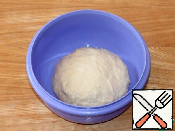 Grease a clean bowl with vegetable oil (0.5 tbsp. l.) and lay out the dough, roll in oil. Cover the bowl with the dough with foil or a tight lid and put it in a warm place so that it rises 2.5 times.
