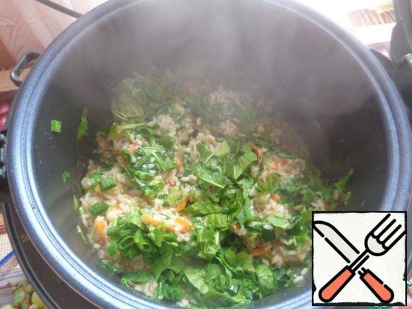When the rice is almost ready, add the greens and stir. It will seem that there is a lot of it, but it will shrink and fit all) Close the lid and bring it to readiness. Before serving, it is better to let the rice brew for a couple of minutes so that excess moisture is absorbed into the rice and it becomes crumbly.

