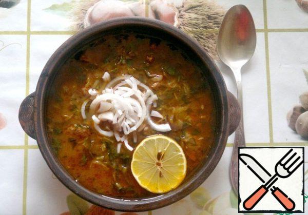 When serving, finely chop the onion into half rings and add a slice of lemon. It can be served with sour cream or yogurt. Enjoy your meal!