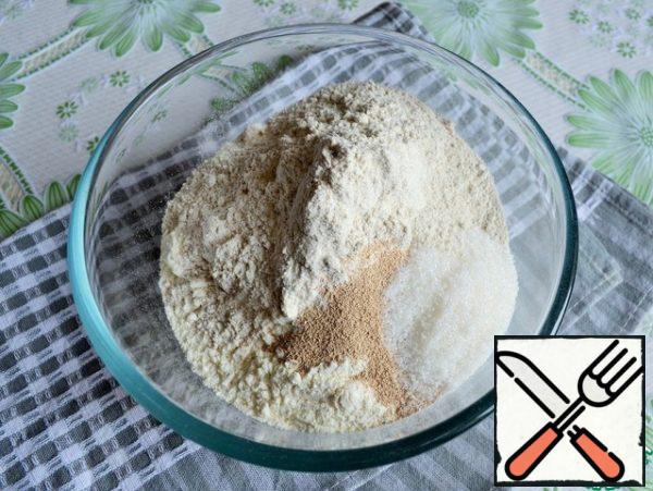 In a bowl, mix all the dry ingredients except salt.
