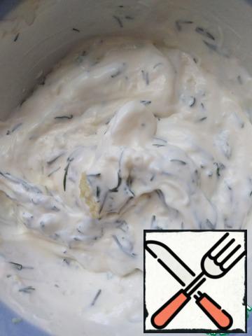 SAUCE:Mix mayonnaise with garlic and dill.