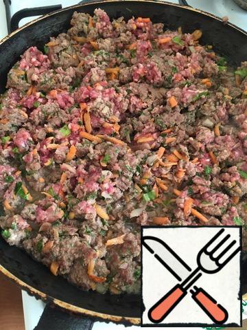In minced meat add salt to taste, pepper, clove garlic, some herbs, 1 egg, grated on a coarse grater carrots. Fry until half-cooked.