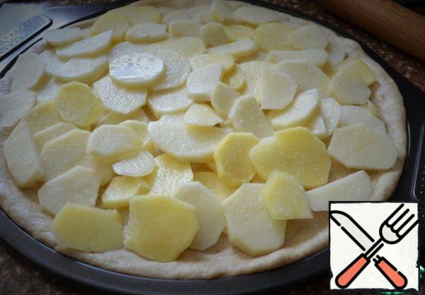 Turn on the oven to warm up.
Place the dough in a pizza pan or on a baking sheet,
forming small sides. Put the potatoes on it, add salt.
